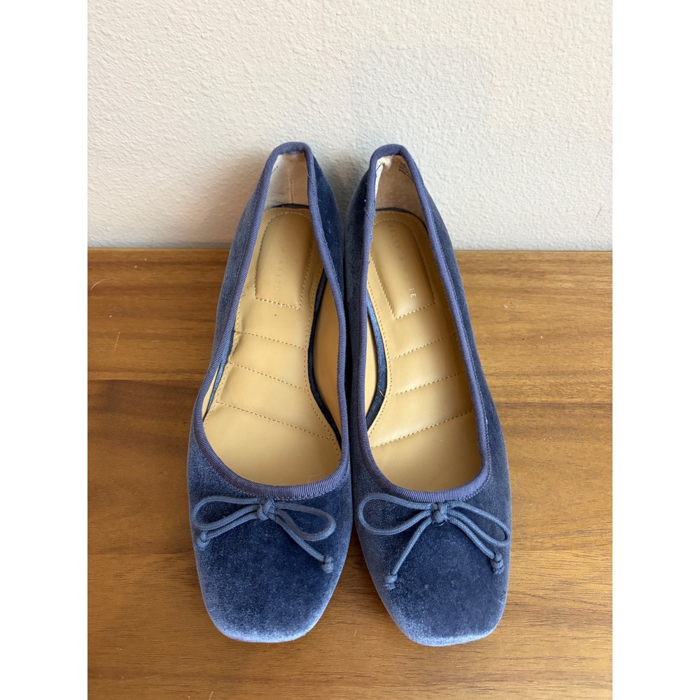Kelly & Katie Blue Velvet Ballet Pumps 9M Square Toe Block Heel Bow Detail - Picture 5 of 7